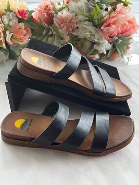 Maui Island Kona Triple Strap Slide Sandals Black Size 7